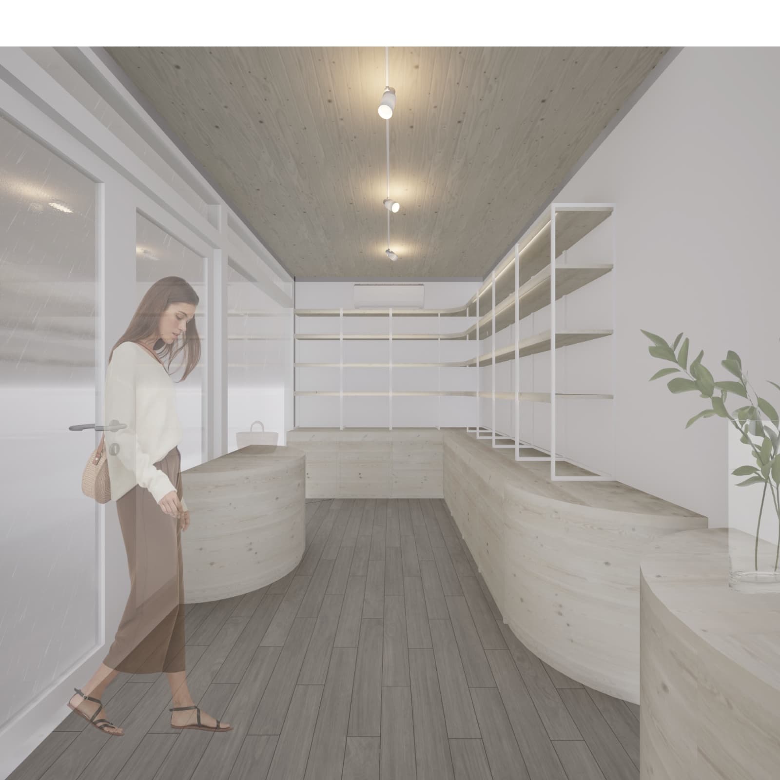 Willit Kontti interior concept: wood surfaces, product shelves and refrigerated cabinets