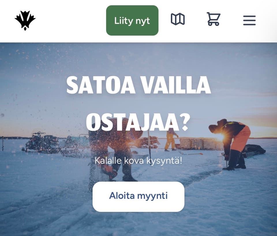 Willit.fi Produzentenansicht: Eisangelszene mit Text "Ernte ohne Käufer?"